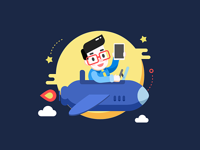 The boy with mobile phones boy illustration moon phone ship star ufo work