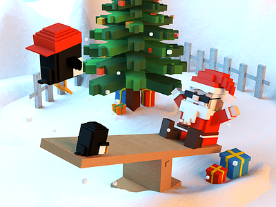Happy Christmas 8 bit 3d c4d christmas claus penguins santa tree