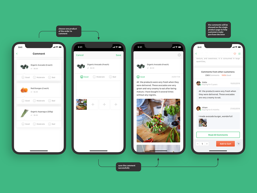 Comments in grocery shopping app by Jing Chen on Dribbble