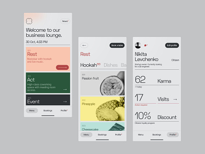 Startup Space & Business Lounge Mobile App app app design application business clean coworking design grid hookah lounge minimal mobile office restaurant startup swiss ui work