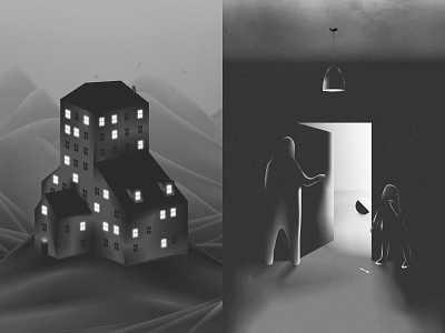 Hotel art black and white building creatures design graphics hotel illustration landscape lights room spooky