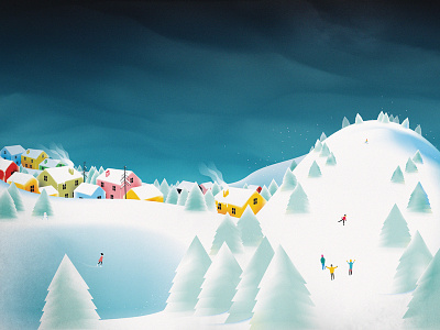 ❄ art artwork childrens book design drawing holiday illustration lake mountain snow town winter