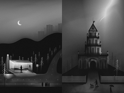 New Work animals art black and white bus stop church design drawing freedom hills illustration landscape lightning martynas pavilonis moon night people road street tower town