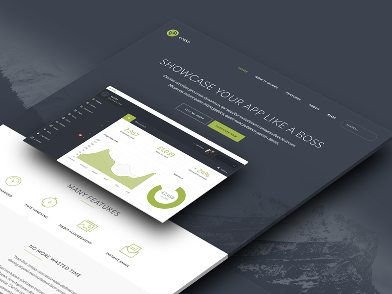 Evoke landing page hero green mountains homepage chart graph