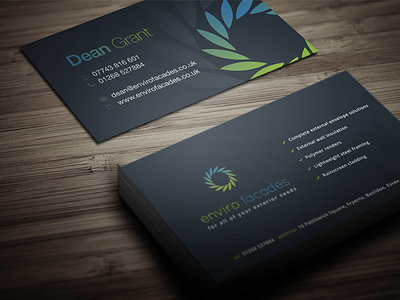 Enviro Facades business cards blue business cards dark environment green