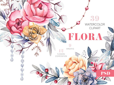 Watercolor Floral Clipart Elements and Compositions