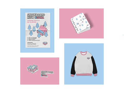 Snowboard Club Bzona Applications applications art direction branding bzona graphic design identity illustration isometric isometry mock mockup mountain poster shirt snow snowboarding stickers