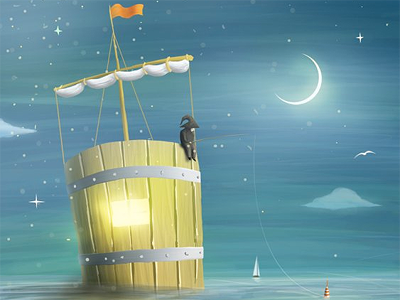 night fishing illustration postcard