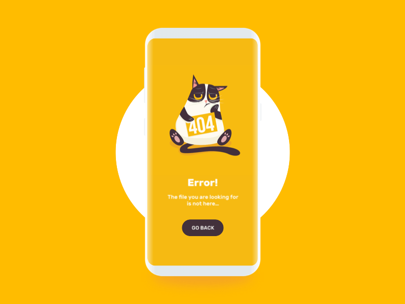 Error page animation back back end cat cat kitten colour error error 404 error message error page flat illustration kitten mobile mobile animation s9 samsung samsung s9 yellow yellow pages