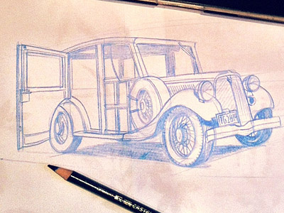 30´s Car blue car illustration old car pencil sketch