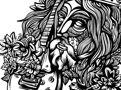 Badking beard flowers guitar illustration inking line tattoo