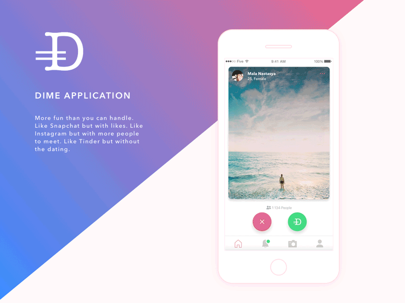 Dime Application app application card design. development dime follow like photo profile react native tinder