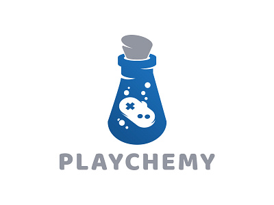 Logo for game developers company "Playchemy" chemistry games joystick logo