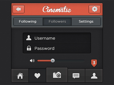Cinematic notifications message home experience login user app footer ios ui gui iphone android icon icons profile header camera soundbar vector psd settings photoshop sound free