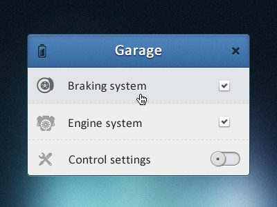 Garage settings braking check checkbox control engine free garage gui icon icons popup power psd settings slider ui