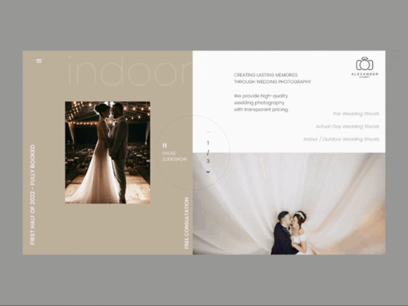 Wedding Photography - Alexander animation branding clean custom design interaction landing page photography slideshow storytelling ui ux web website