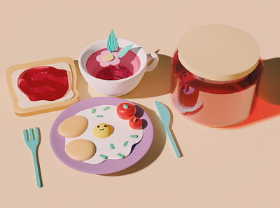 Милый завтрак для вас🌿 3d 3д моделирование 3д модель design graphic design illustration блендер блендер 3д блюда бутерброд варенье джем еда завтрак композиция моделирование модель уют чай яичница