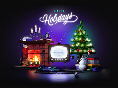 Happy Holidays! 10clouds 3d animation c4d candles card christmas christmas tree fire gift holidays snowman train xmas