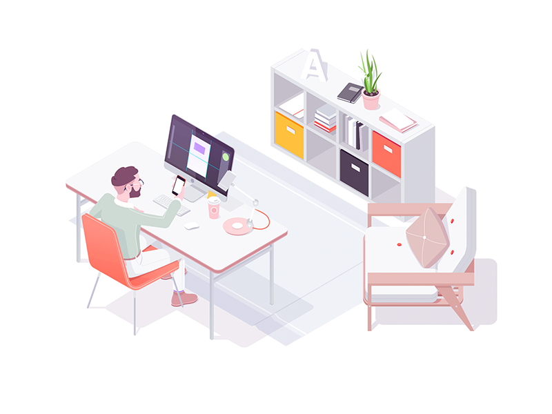 Noon character office homeoffice work illustration isometric rocketboy rboy