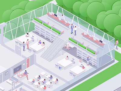 Library characters education future illustration isometric library rboy rocketboy school
