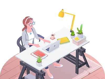 The yellow lamp character flower girl illustration isometric lamp language lingco rboy rocketboy workplace yellow