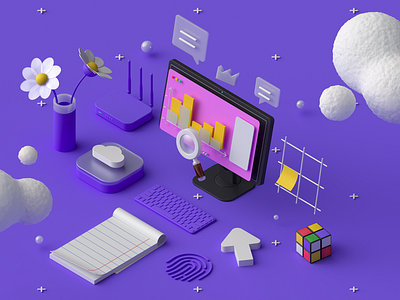 10Clouds: 3D Services #2 3d arrow c4d cloud corona flovers illustration isometric note render search workspace