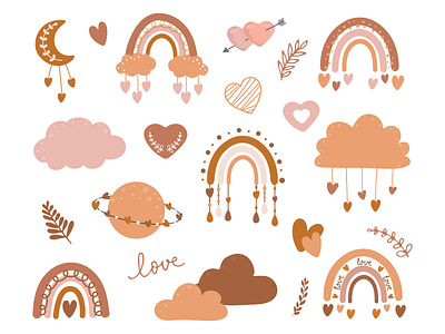 Valentine's day elements in boho style baby boho card cartoon cloud collection cute design doodle heart holiday icon illustration moon planet rainbow romance set valentines day vector