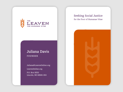 Leaven Business Cards brand branding business cards charity church creative god heart identity leavean lettering logo luma orange purple rounded typography vine watermark wheat