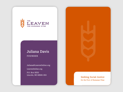 Leaven Business Card update brand branding business card cards catholic charity church god heart identity justice leavean lettering logo orange purple rounded shield watermark wheat