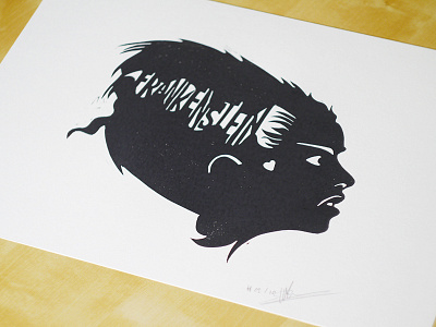 Linocut - Frankenstein. blockprint hand drawn hand made hand print handprint handprinted lino linocut linocuts