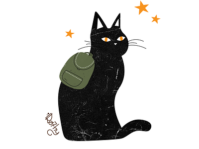 Black Cat with a Green Backpack blackcat cat catillustration illustration vectorart vectorillustration