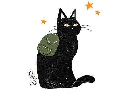 Black Cat with a Green Backpack blackcat cat catillustration illustration vectorart vectorillustration