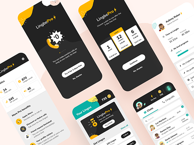 Lingbe Pro app app design banner benefits call chat design dots free trial illustration lingbe mobile pricing pro progress statistics suscribe ui ux vector