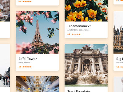 Cards | Points of interest amsterdam barcelona card design app eiffel tower london mobile paris point of interest reviews roma trevi fountain ui