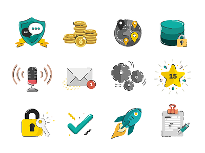 Illustrations for new Lingbe app chat check coin email flat illustrations key language level line lock marker microphone notepad notification outline rocket security settings world