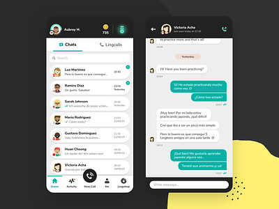 Chat section | Lingbe app call chat design flags lingbe menu mobile notification radar ui ux