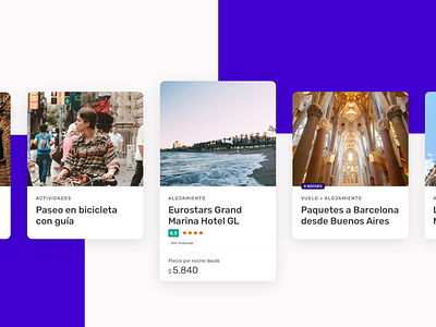 Nuevo diseño de Cards activities app barcelona card cards design despegar discount card flights hotel travel ui