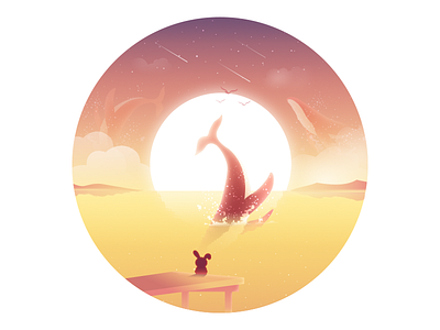 Yearn animal dream illustration lonely mood rays red sea water whale