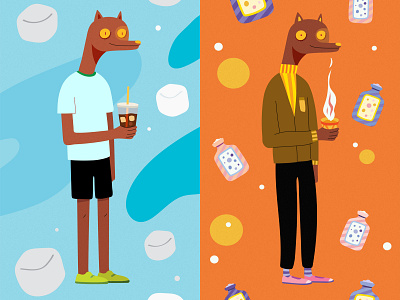 season change character design hot water bag ice ice coffee illustration