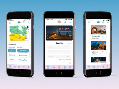 ui/ux design - "glamper" prototype 1/2 adobe illustrator application branding design figma glamper glamping graphic design high fidelity illustration logo mobile app ui ux