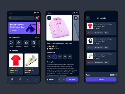 E-commerce app - dark mode android app clean dark mode e commerce app ecommerce ui ios app ios shopping app minimal mobile product page shop app shopping app shopping cart ui