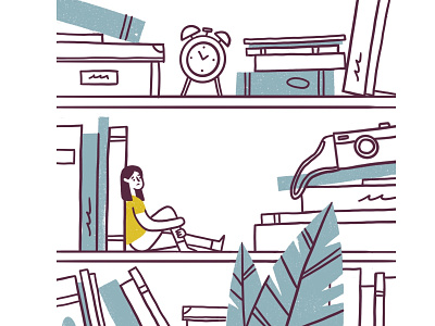 Reading List alarmclock book camera character girl illustration plant read reading sad shelf shelves