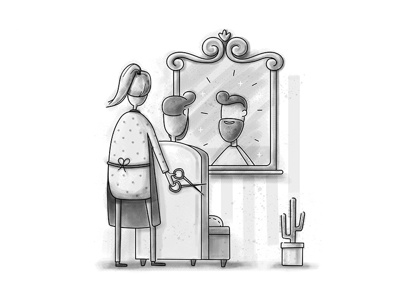 Clients armchair scissors cactus beard mirror hairdresser cut barbershop