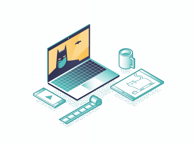 Video Content video bat play pause coffee cup cat tablet smartphone film motion batman laptop isometric
