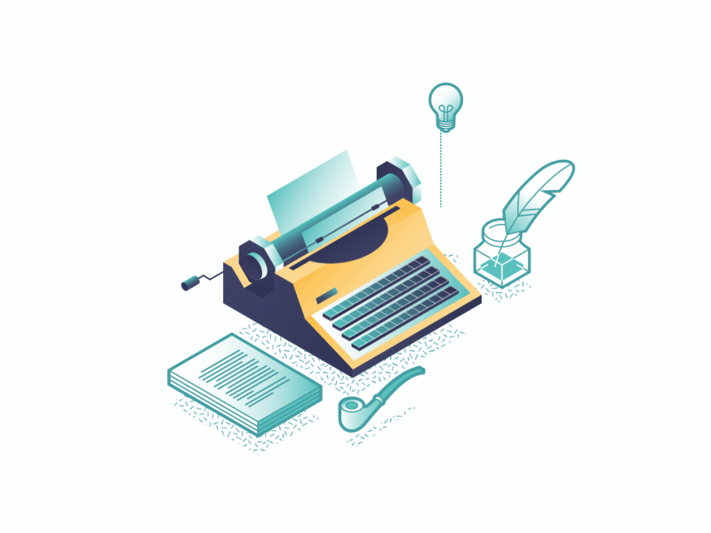 Scenario isometric after effects motion animation pipe feather cat typewriter lightbulb inkwell ink sheets paper script scenario