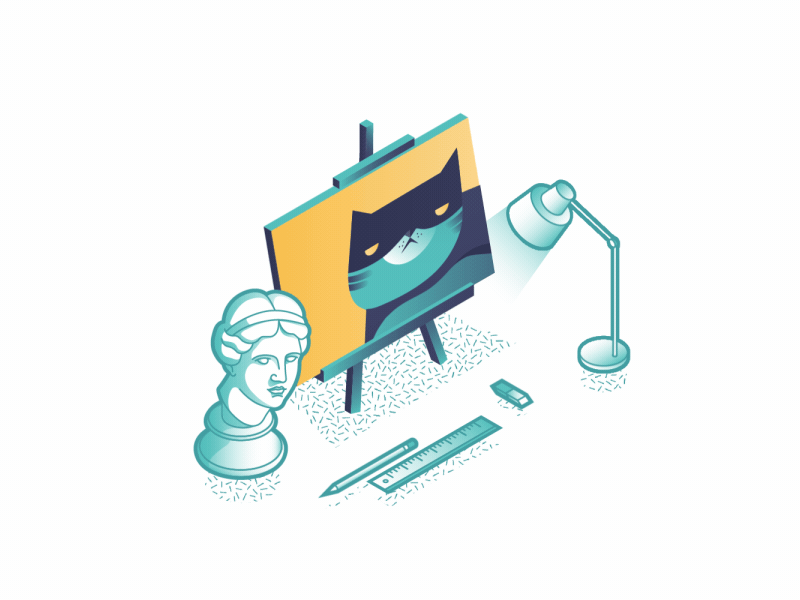 Design isometric canvas cat batman venus shadow light lamp eraser pencil ruler easel animation motion after effects
