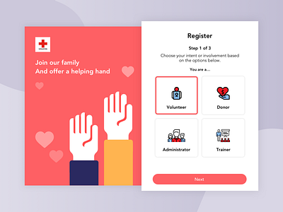 Red Cross Volunteer Registration app cute design illustration login sign up steps ui vector