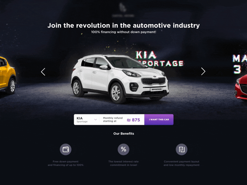 Lead generation page for the vehicle rentals company. animation car design glitch landing page ui web