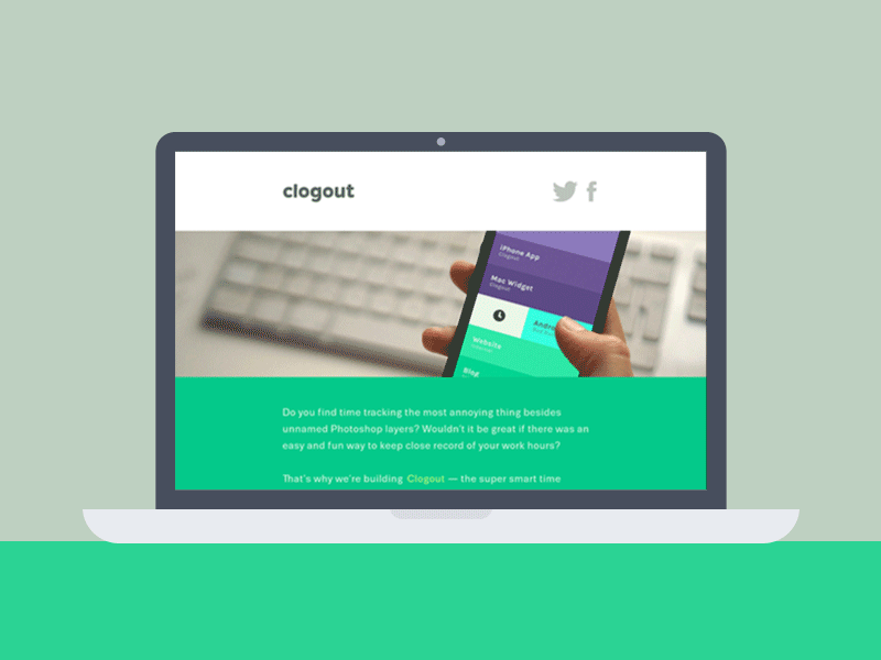 Clogout - Landing Page clock flat landing page minimal project management responsive simple time tracking website