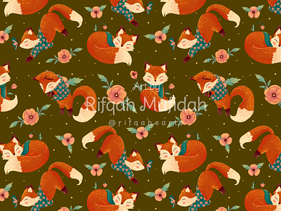 Cozy Foxes Pattern (Dark Color) art autumn branding children illustration cozy design fall flower fox illustration pattern pattern design poppy surface design sweater vintage